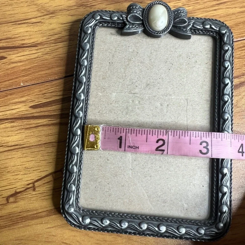 Vintage Photo Frame Small Rectangle Hollywood Regency Silver Bow Faux Pearl